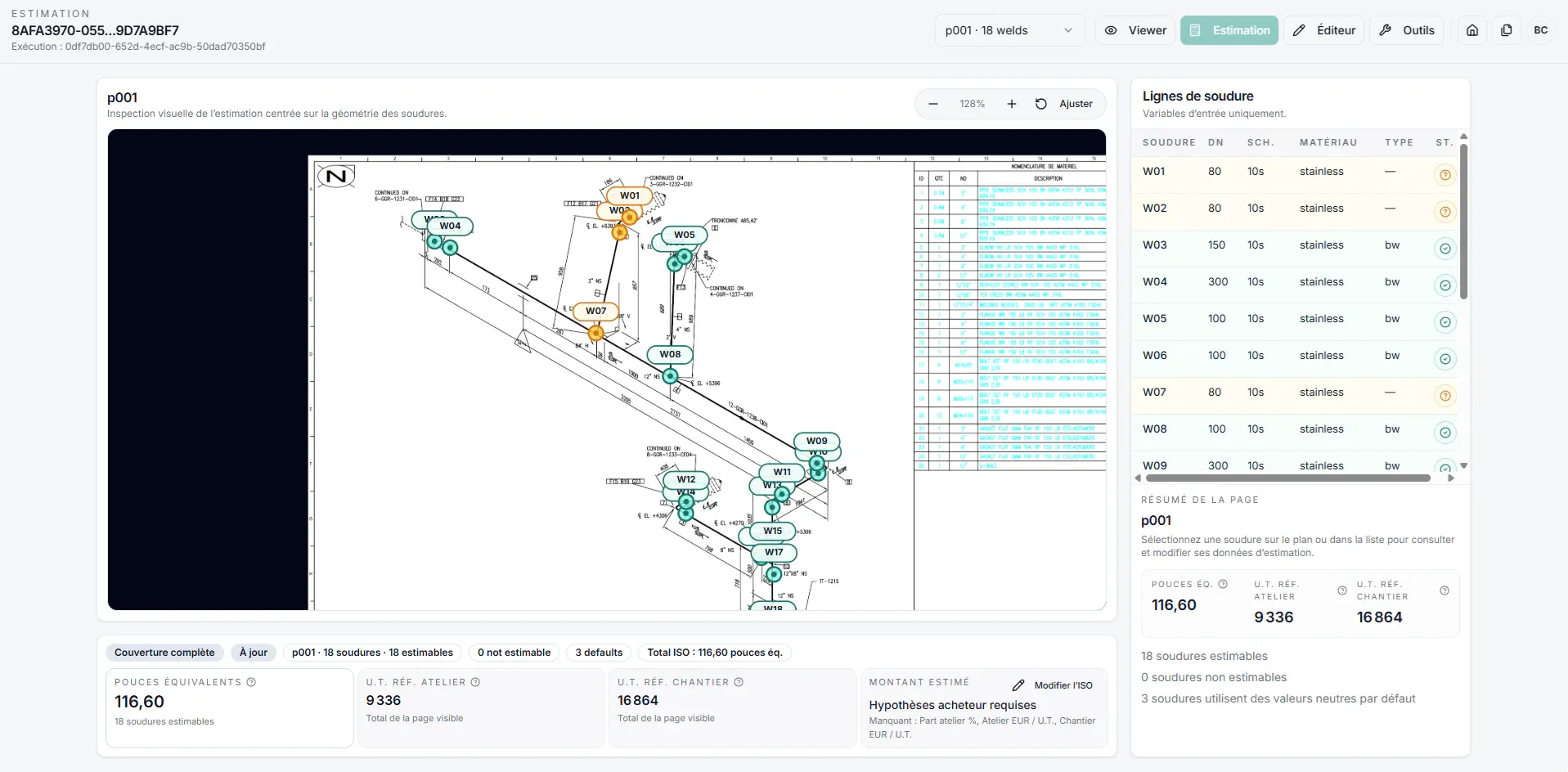 PipeVision estimate view showing diameter-inches and shop and field labor units