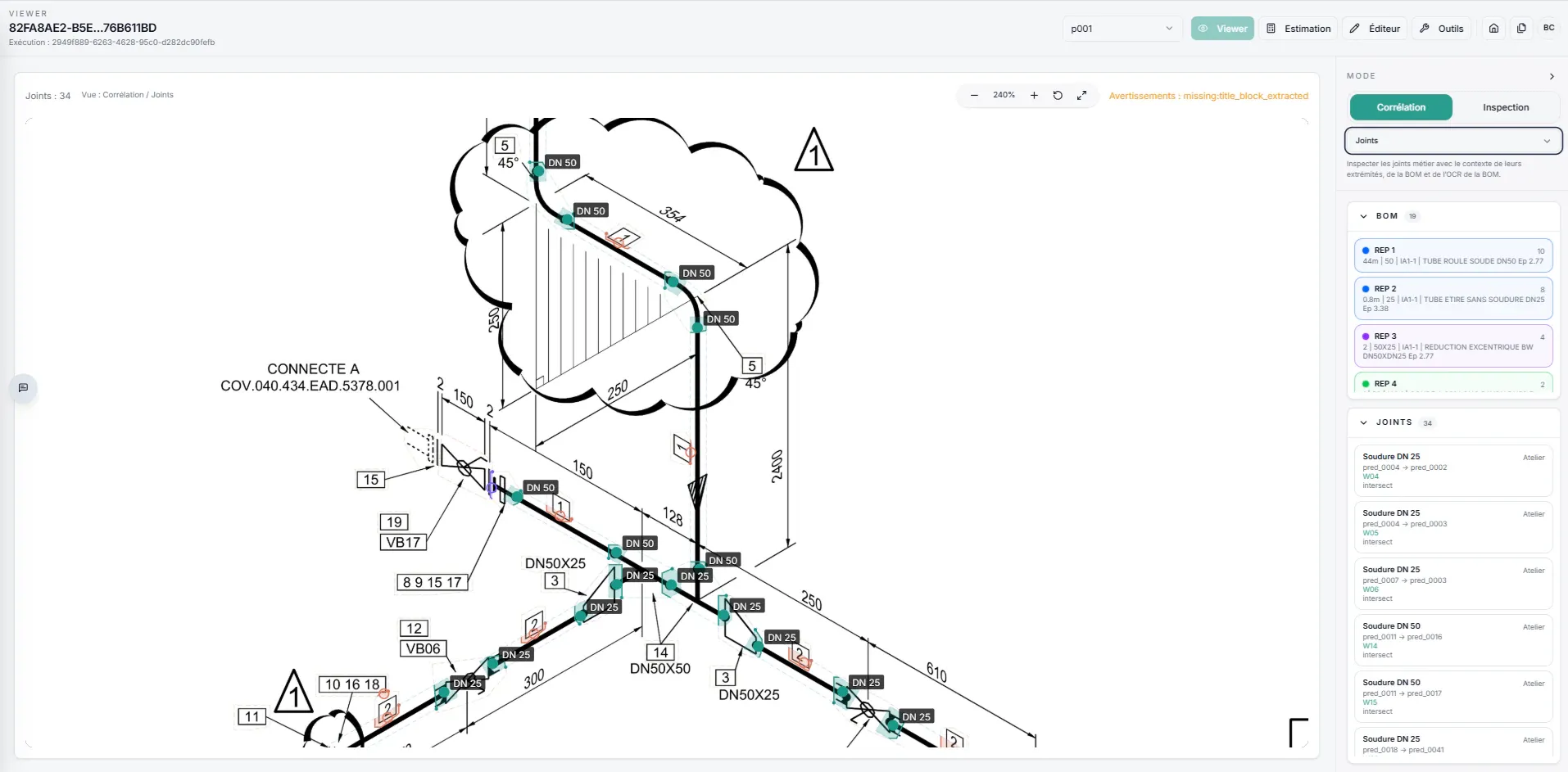 Reconstructed piping network with welds listed in PipeVision