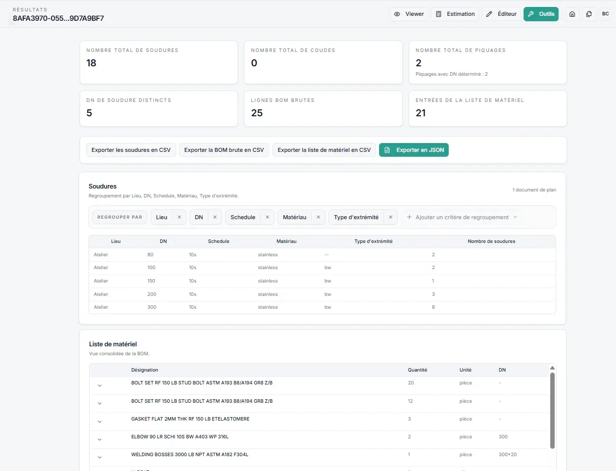 Grouped PipeVision results with CSV and JSON export actions