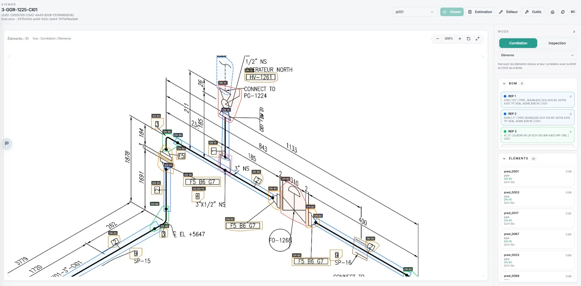 Piping components detected on an isometric and matched to BOM data