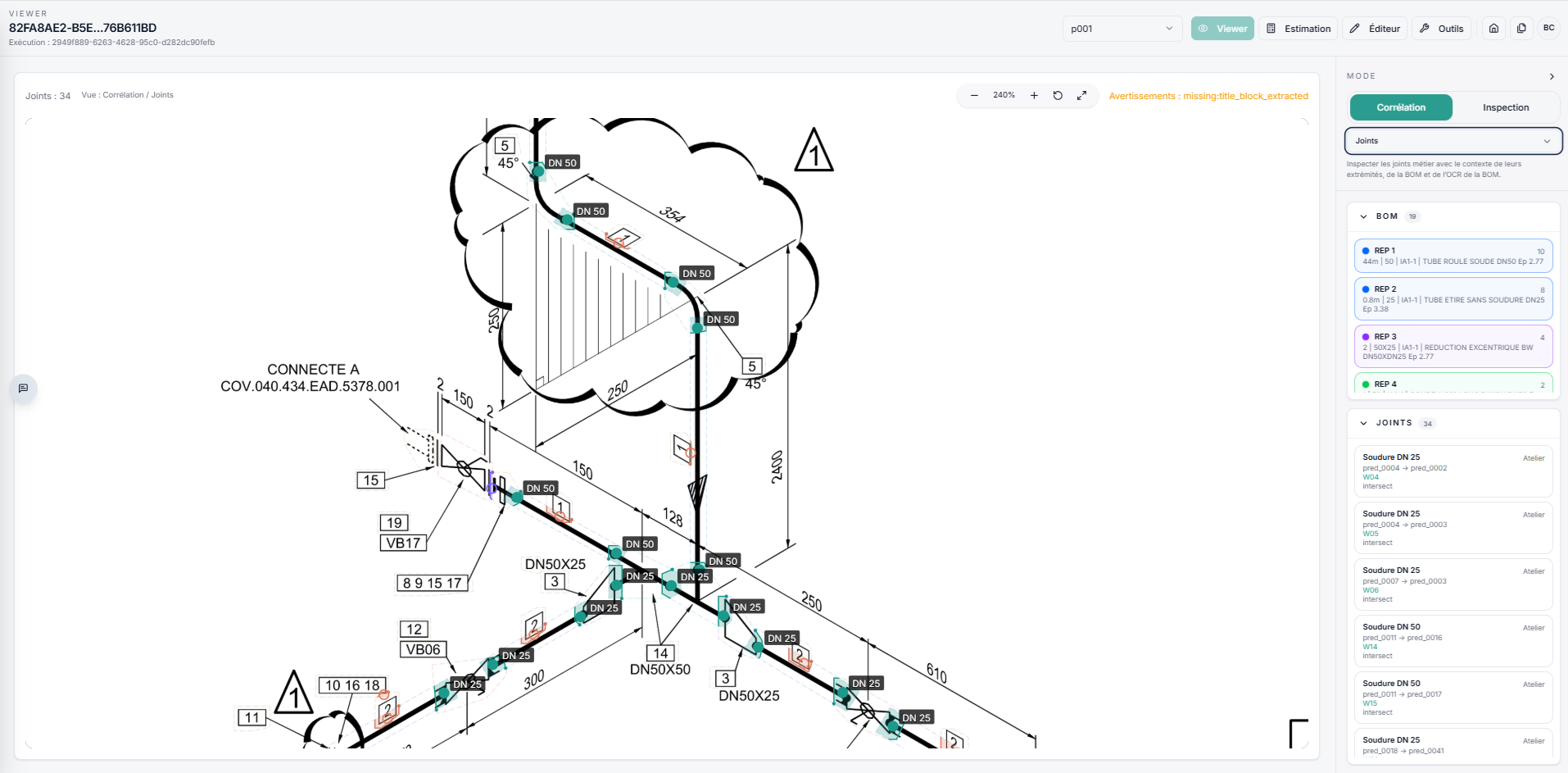 Réseau de tuyauterie reconstruit et soudures listées dans PipeVision